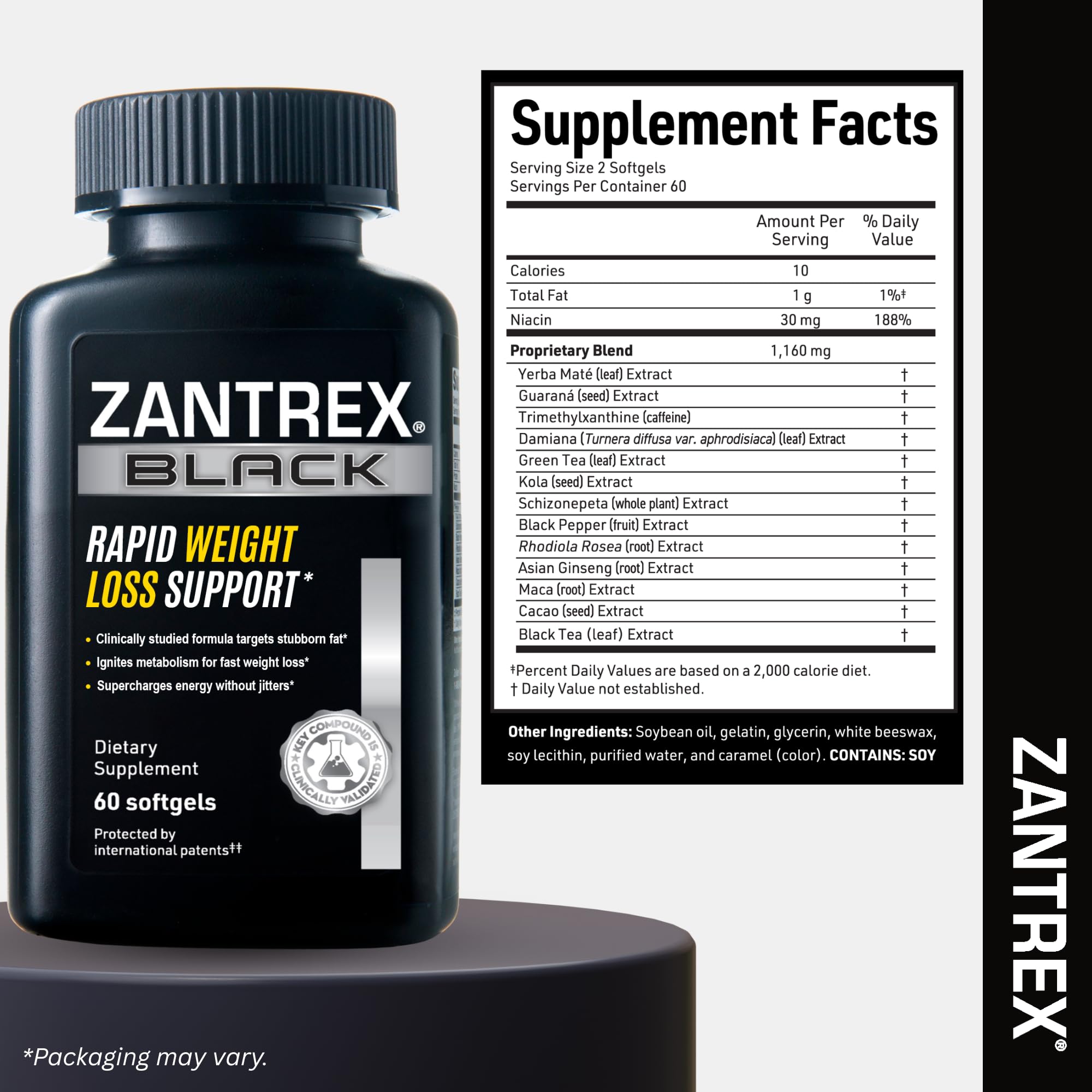 ingredientes naturales yerba mate y guaraná junto a cápsulas Zantrex Black que sugieren respaldo clínico