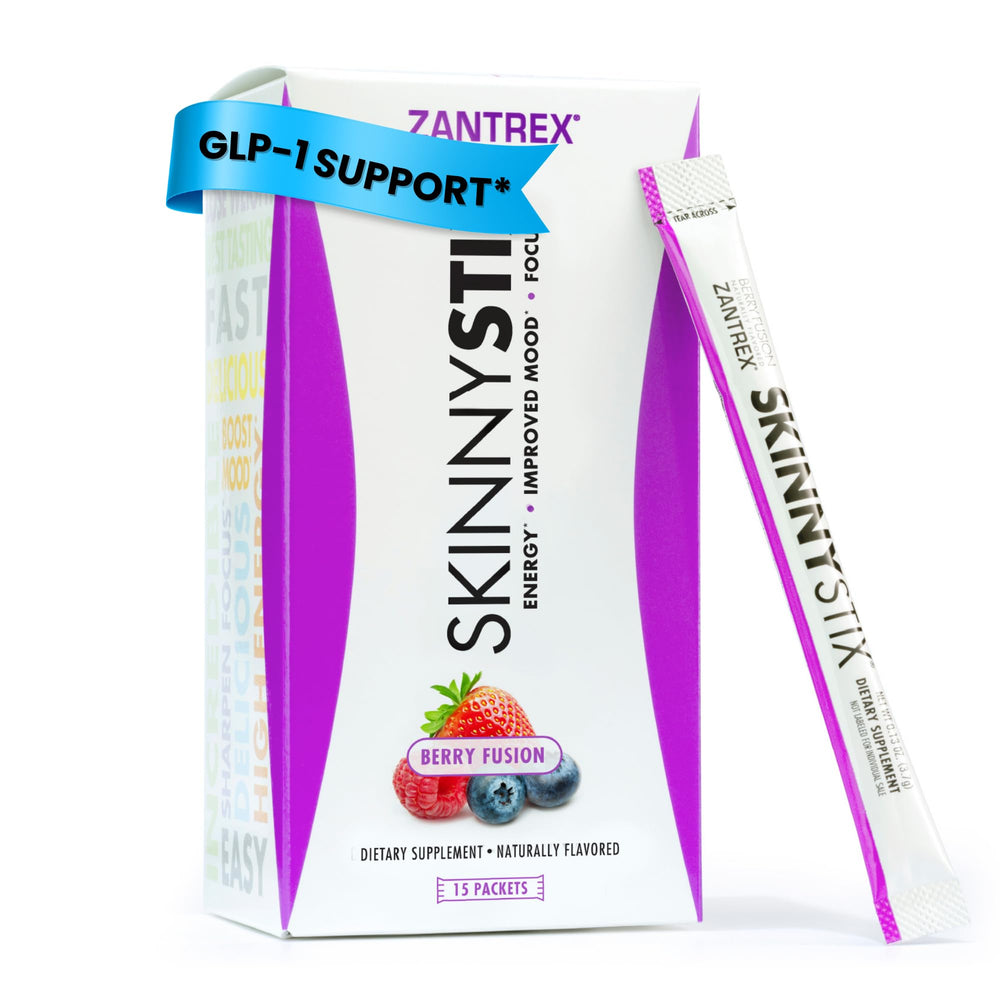 Zantrex SkinnyStix frente del empaque mostrando sabor Berry Fusion y beneficio de control del apetito