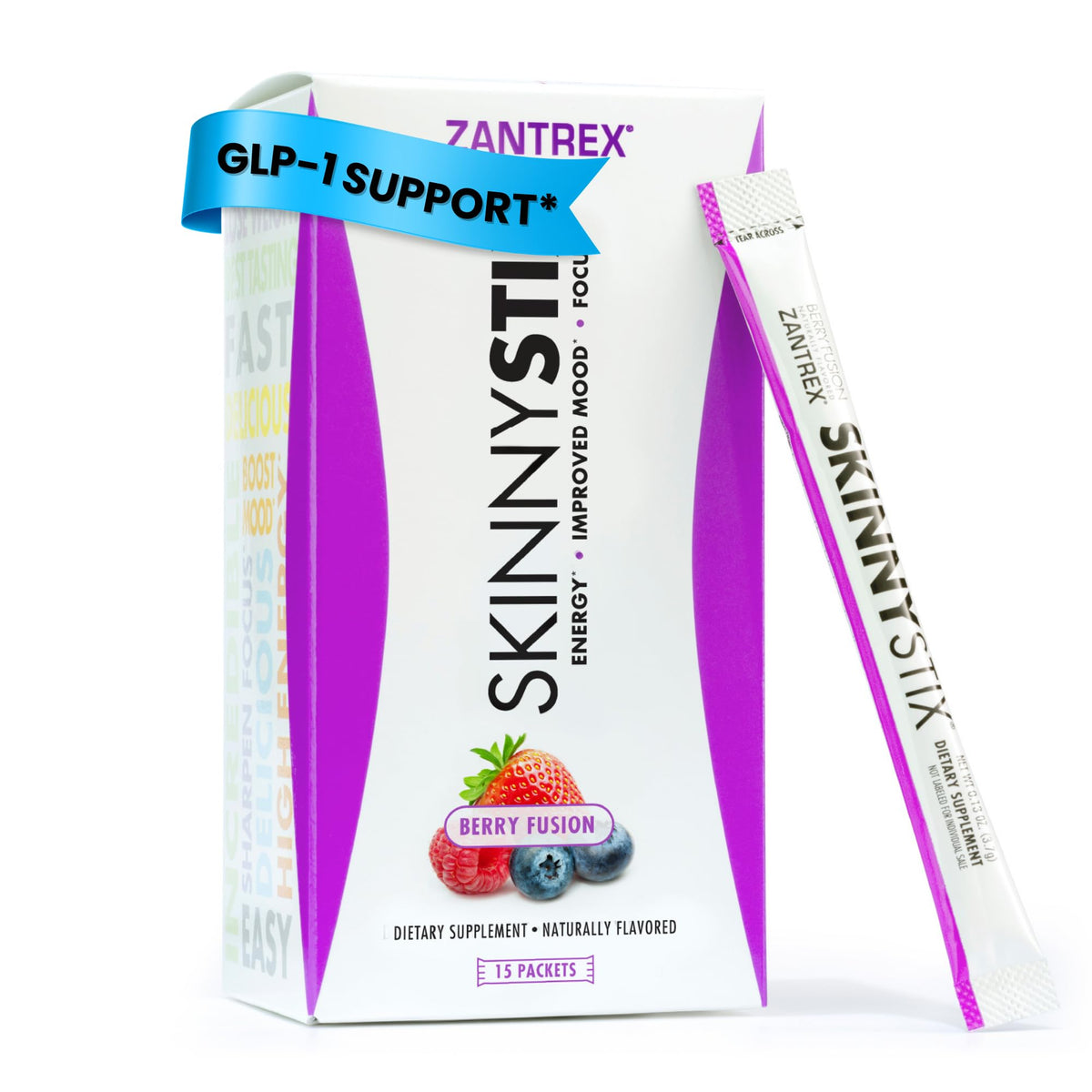 Zantrex SkinnyStix frente del empaque mostrando sabor Berry Fusion y beneficio de control del apetito