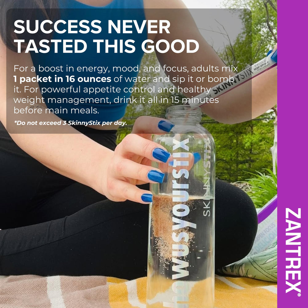 Sobres Zantrex SkinnyStix esparcidos en superficie evidenciando formato individual y fácil transporte