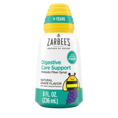 Zarbee's frente del envase mostrando jarabe prebiótico y beneficio de apoyo digestivo
