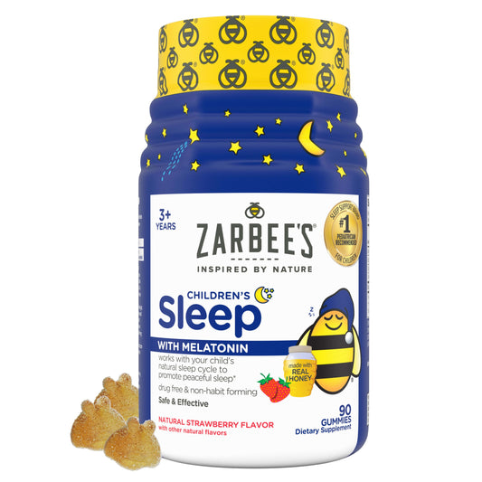 Zarbee's envase frontal mostrando 90 gomitas y beneficios de sueño