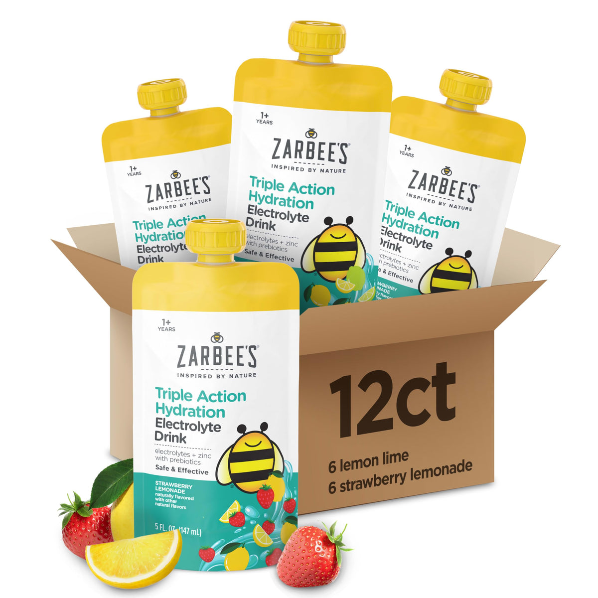 Zarbee's paquete frontal mostrando 12 pouches, hidratación portátil inmediata