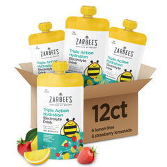 Zarbee's paquete frontal mostrando 12 pouches, hidratación portátil inmediata