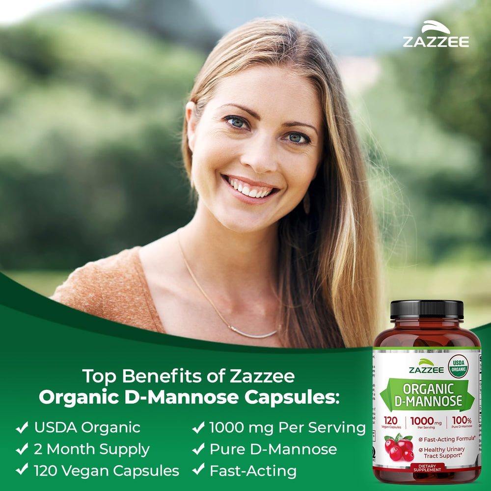 Zazzee cápsula abierta con polvo, ilustrando ingrediente orgánico D-Mannose