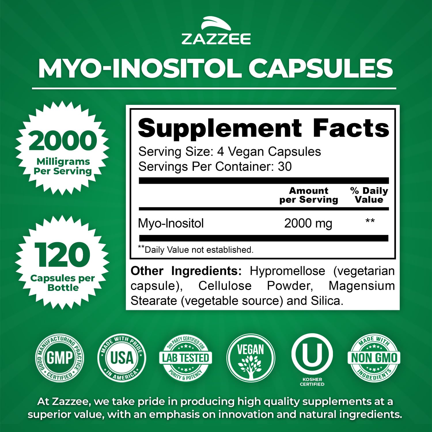 Zazzee detalle de etiqueta mostrando dosis y certificaciones