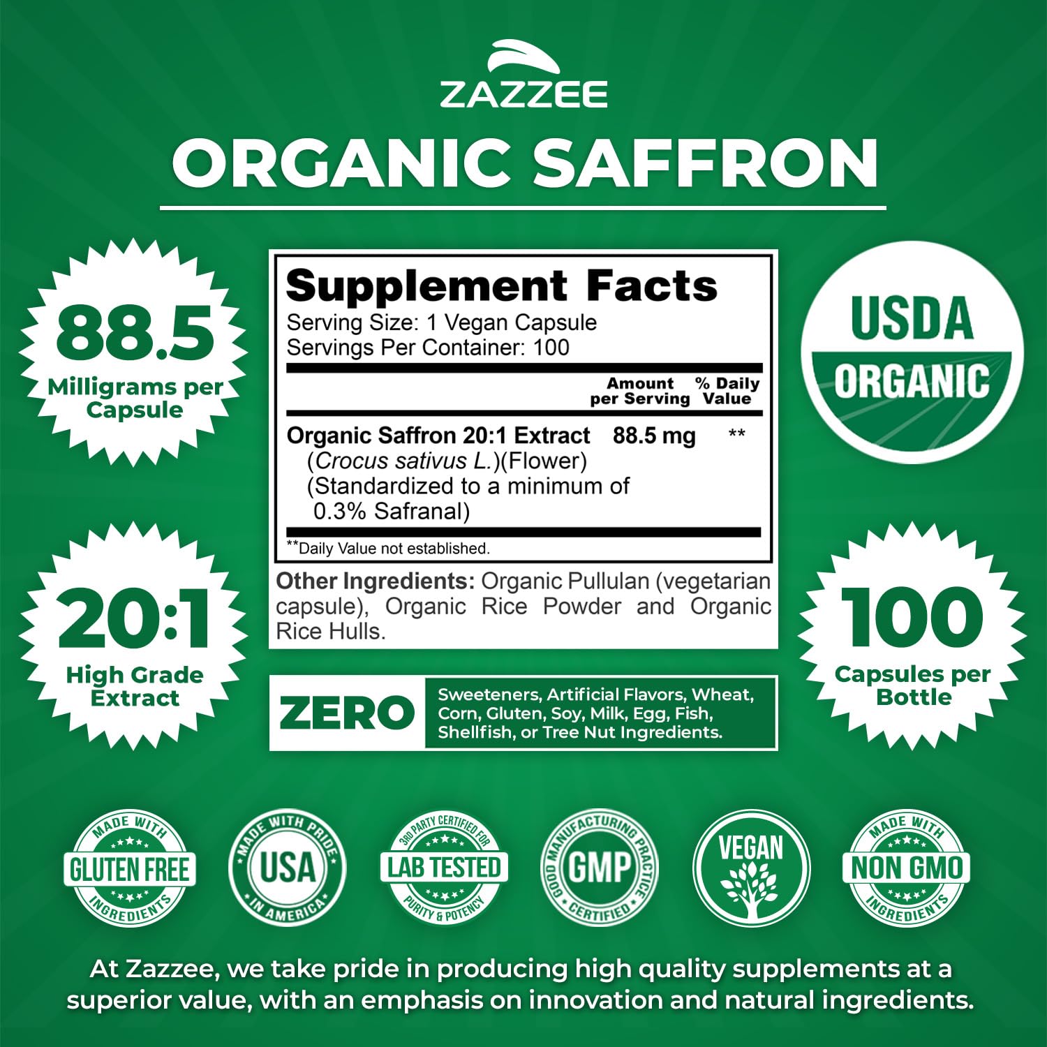 Zazzee etiqueta con sellos USDA y beneficios de certificación visibles
