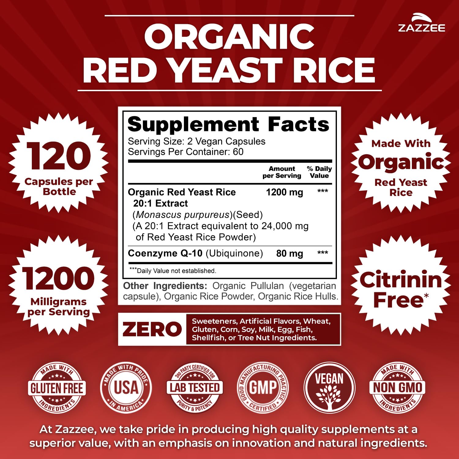 Zazzee etiqueta con lista de ingredientes orgánicos y beneficios claros