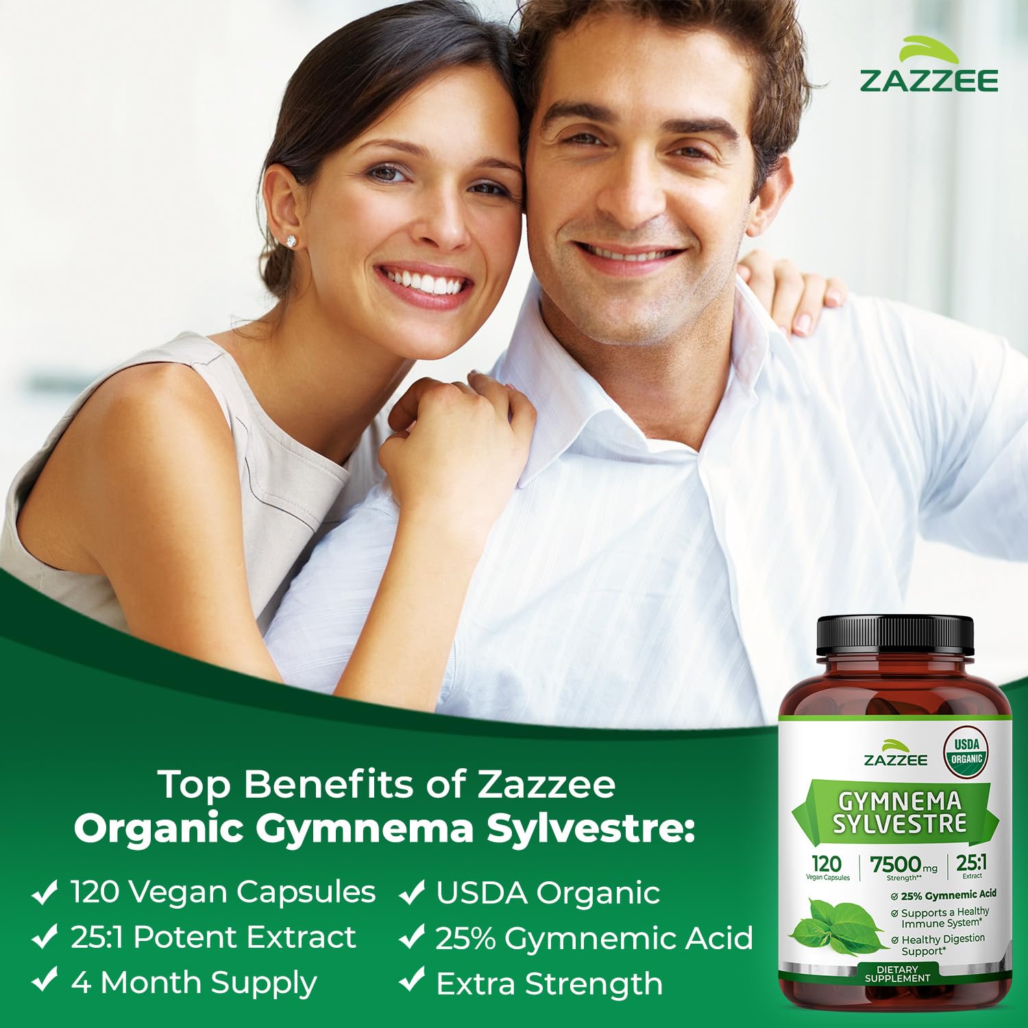 Etiqueta Zazzee primer plano con 25% gymnémico y extracto 25:1, claridad informativa