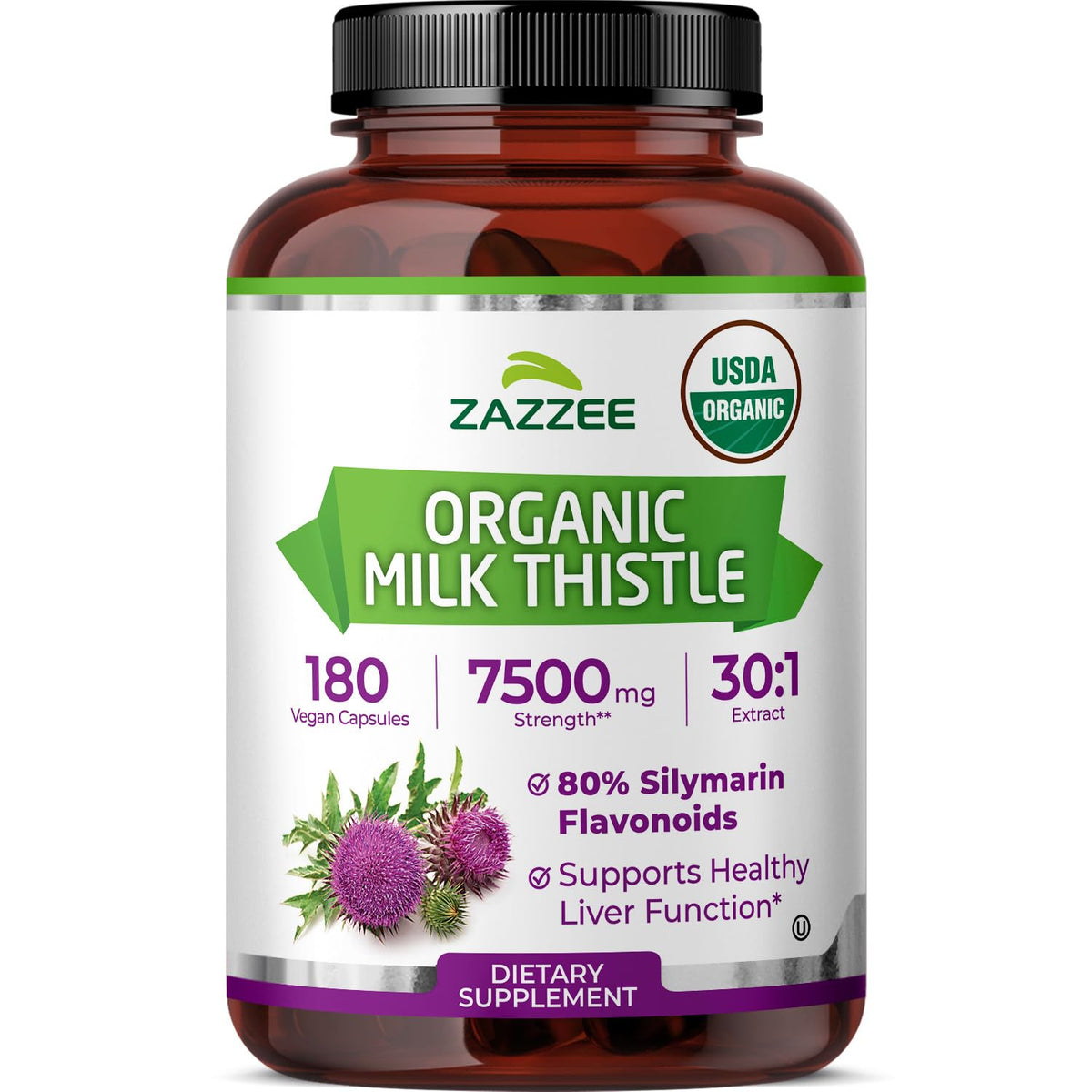 Zazzee frasco frente mostrando 180 cápsulas orgánicas y certificación USDA