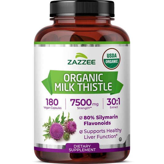 Zazzee frasco frente mostrando 180 cápsulas orgánicas y certificación USDA