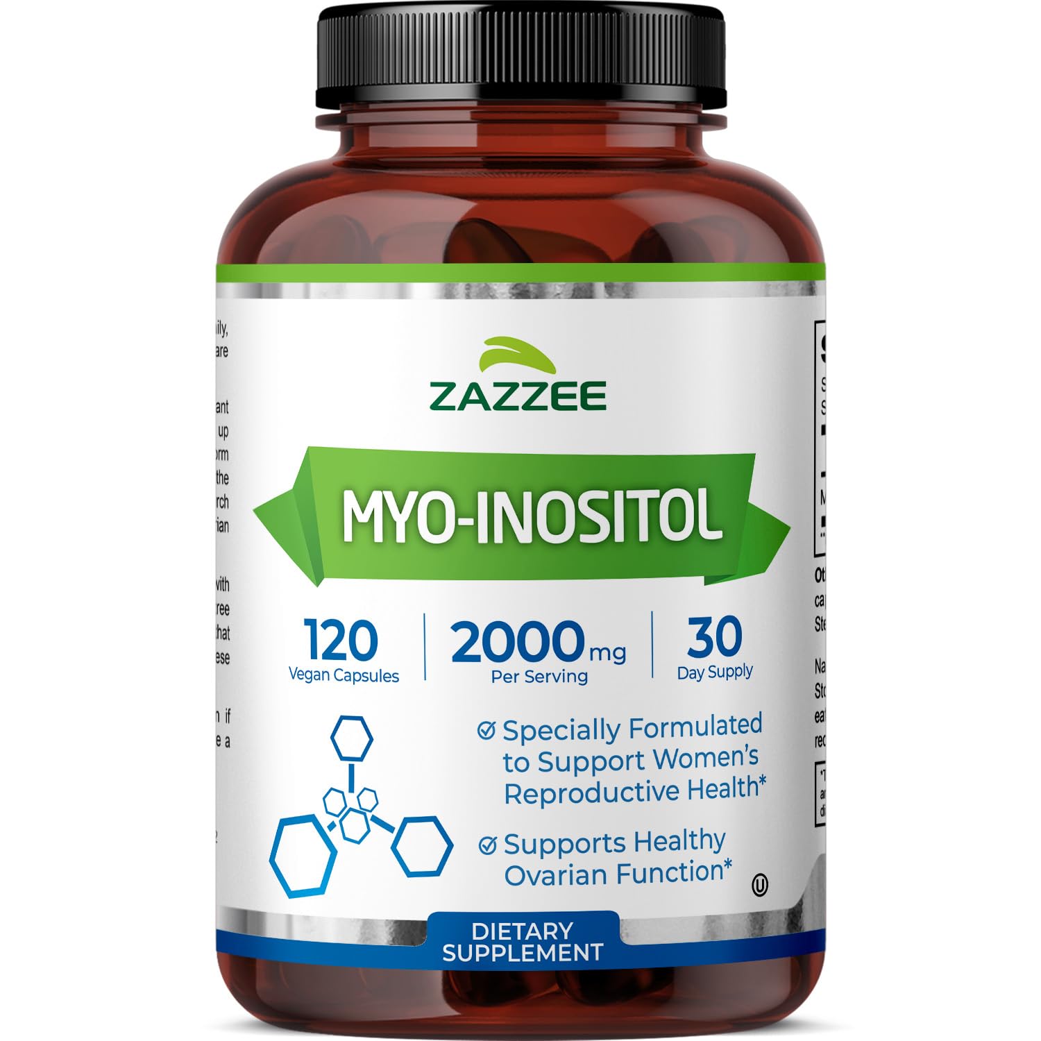 Zazzee frasco de Myo-Inositol al frente, presentación clara y confiable