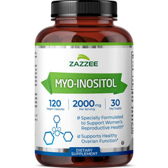 Zazzee frasco de Myo-Inositol al frente, presentación clara y confiable