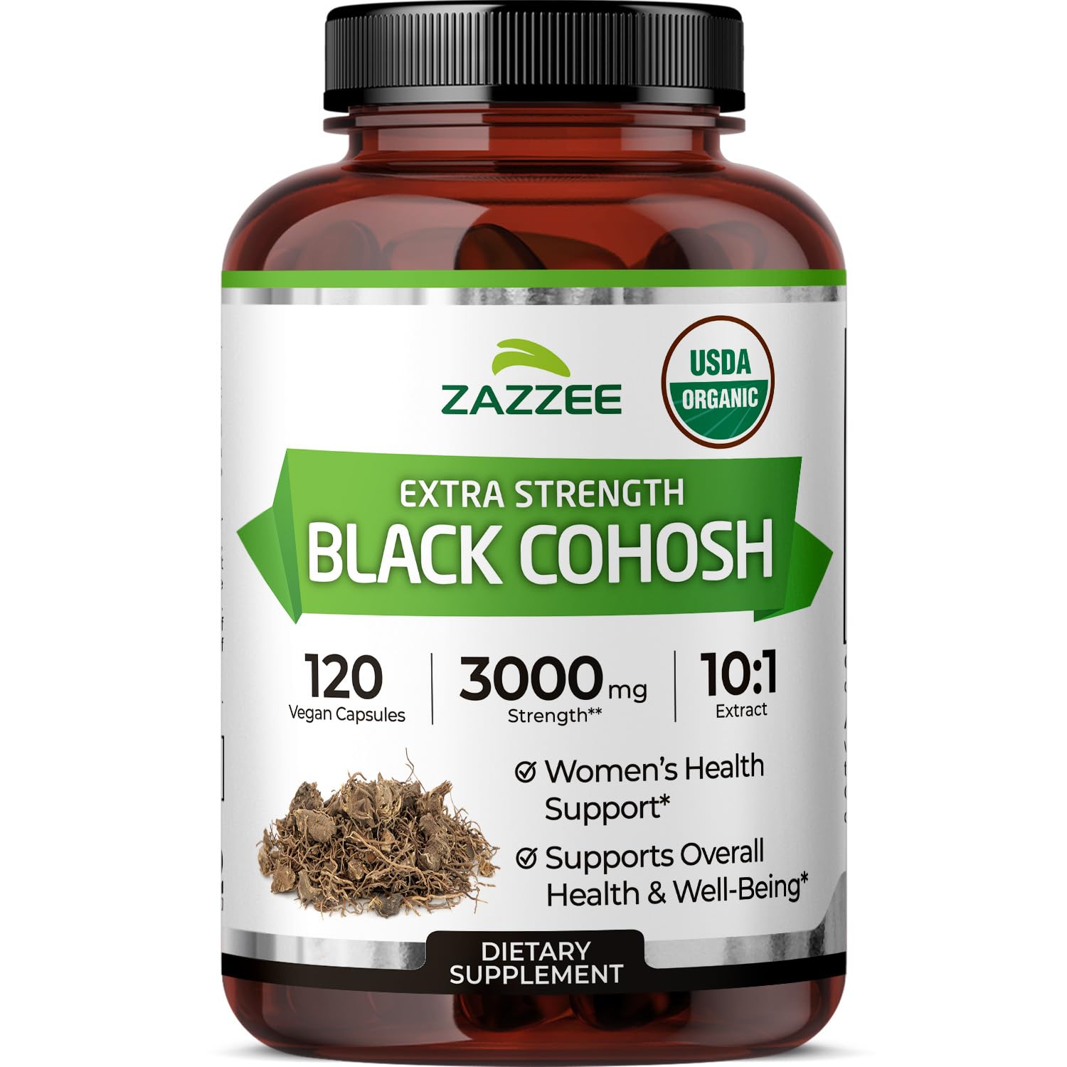 Zazzee frasco frontal Black Cohosh mostrando diseño y cantidad útil