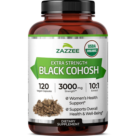 Zazzee frasco frontal Black Cohosh mostrando diseño y cantidad útil