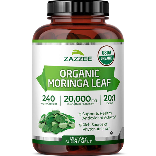 Zazzee frasco frontal mostrando moringa orgánica y claridad de la etiqueta