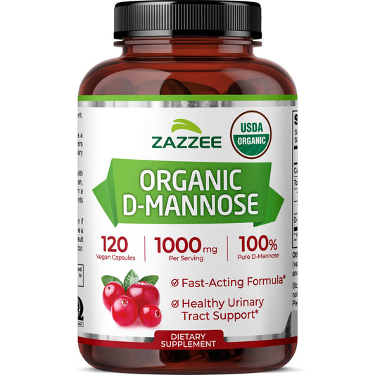 Zazzee frasco frontal mostrando etiqueta orgánica y beneficio de pureza