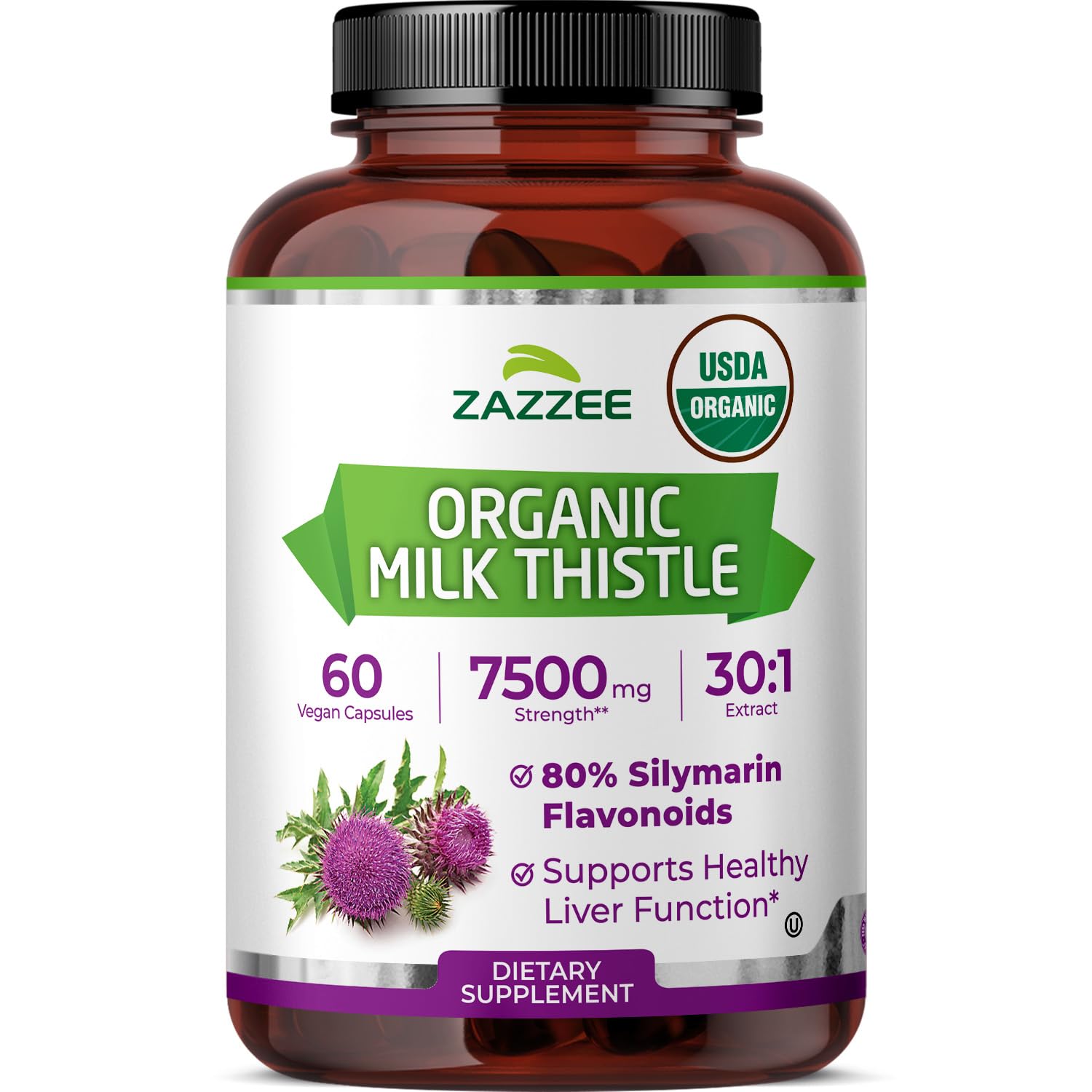 Zazzee frasco frontal mostrando 60 cápsulas y certificación orgánica