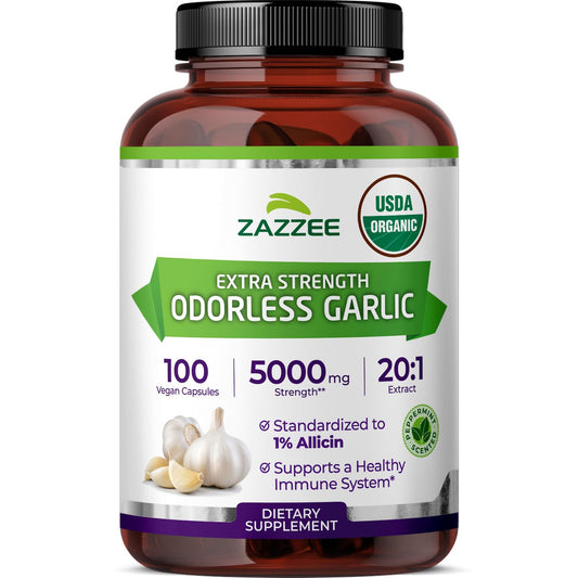 Zazzee frasco frontal mostrando cápsulas y beneficios orgánicos