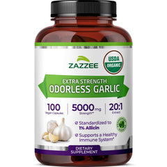 Zazzee frasco frontal mostrando cápsulas y beneficios orgánicos