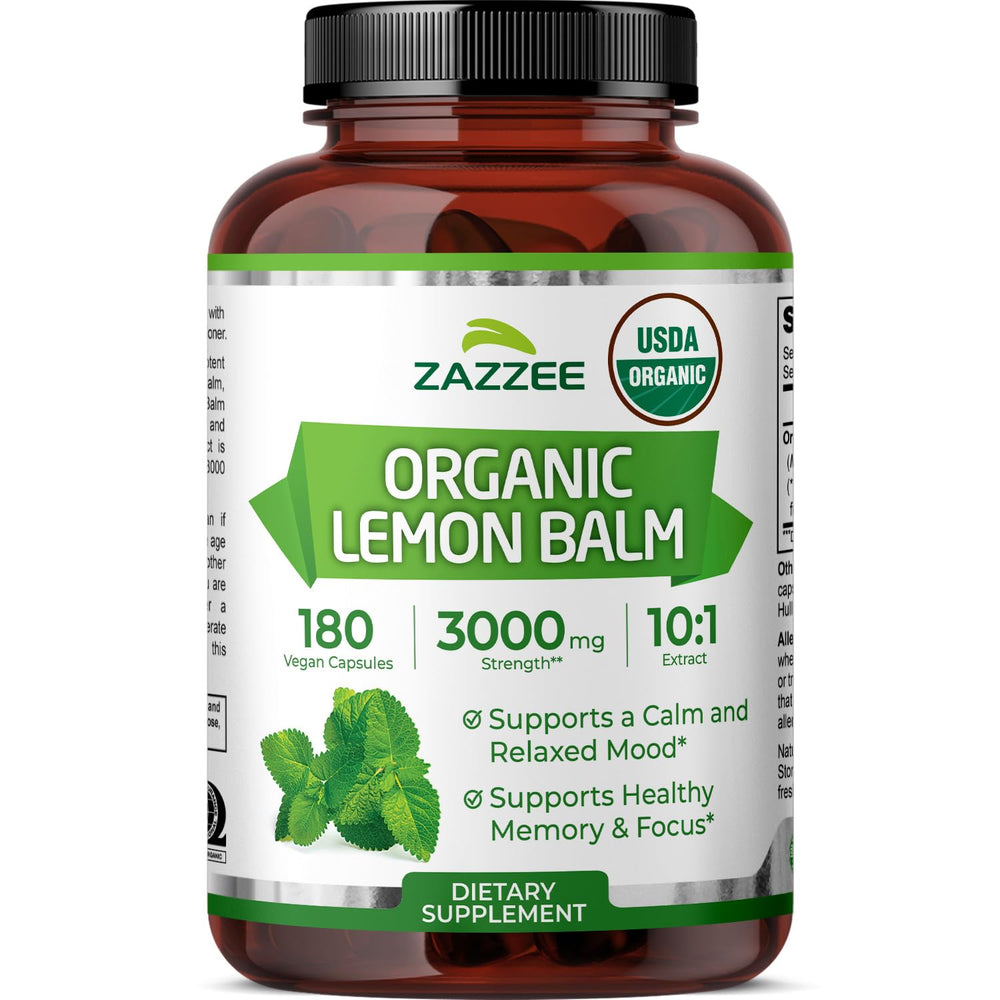 Zazzee frasco frontal mostrando 180 cápsulas y certificación USDA Organic