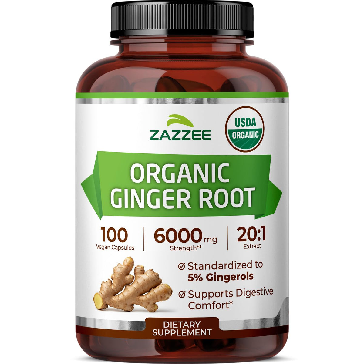 Zazzee frasco frontal mostrando 100 cápsulas y etiqueta orgánica, confianza de compra