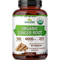 Zazzee frasco frontal mostrando 100 cápsulas y etiqueta orgánica, confianza de compra