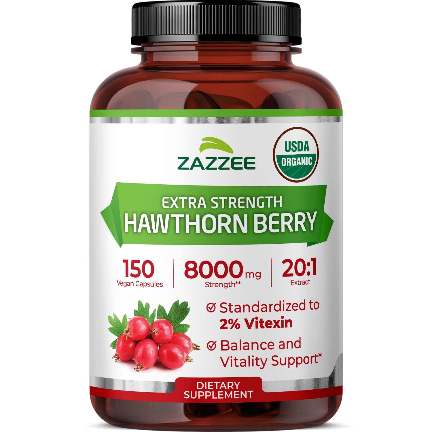 Zazzee frasco frontal Hawthorn Berry mostrando etiqueta orgánica y cantidad