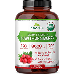 Zazzee frasco frontal Hawthorn Berry mostrando etiqueta orgánica y cantidad