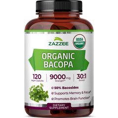 Zazzee envase frontal mostrando la etiqueta orgánica y la cantidad, claridad del producto