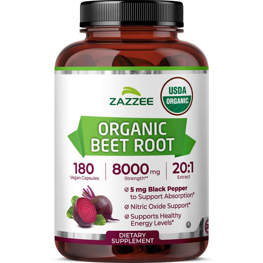 Zazzee frente del envase mostrando 180 cápsulas y certificación orgánica