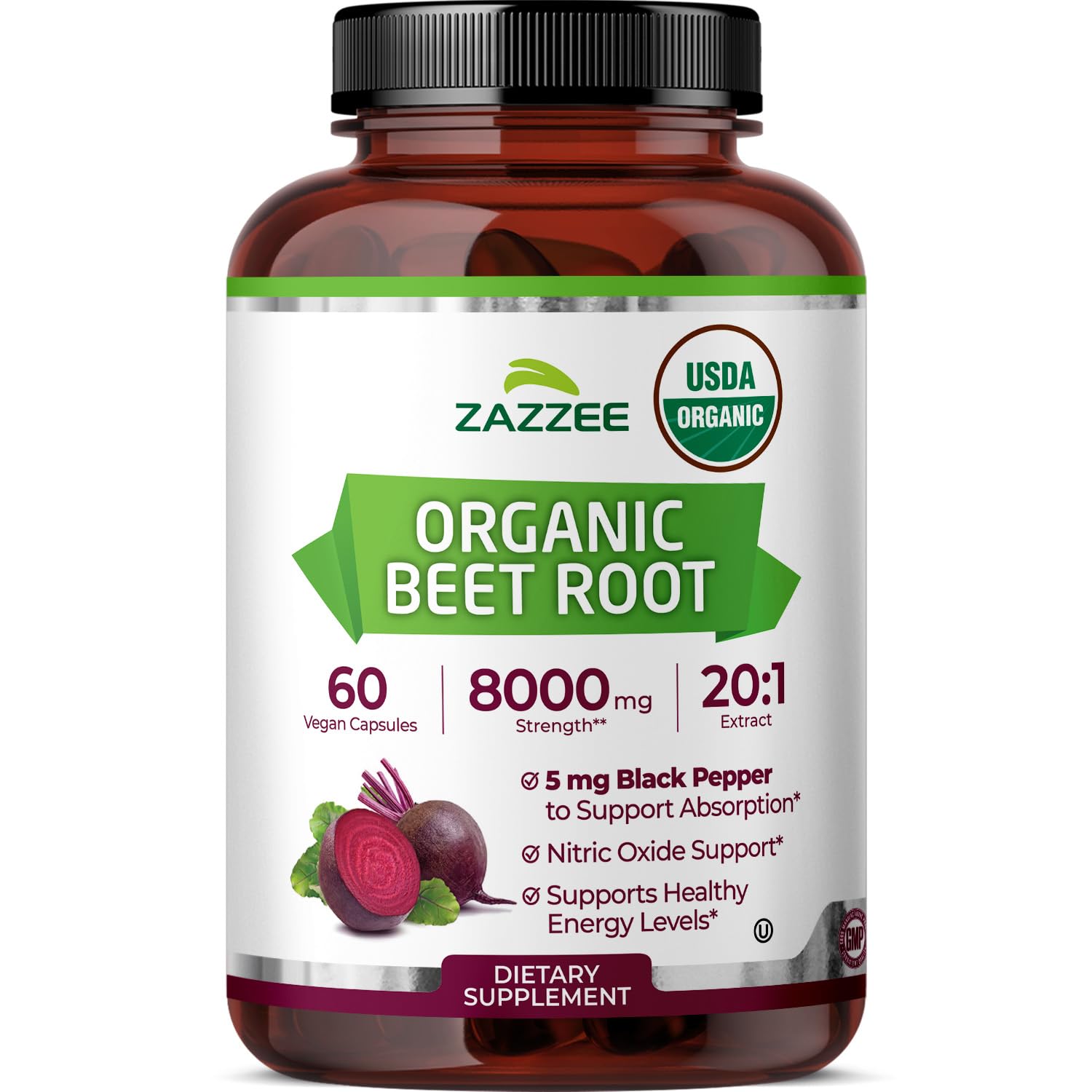 Zazzee envase frontal Beet Root mostrando etiqueta y beneficios