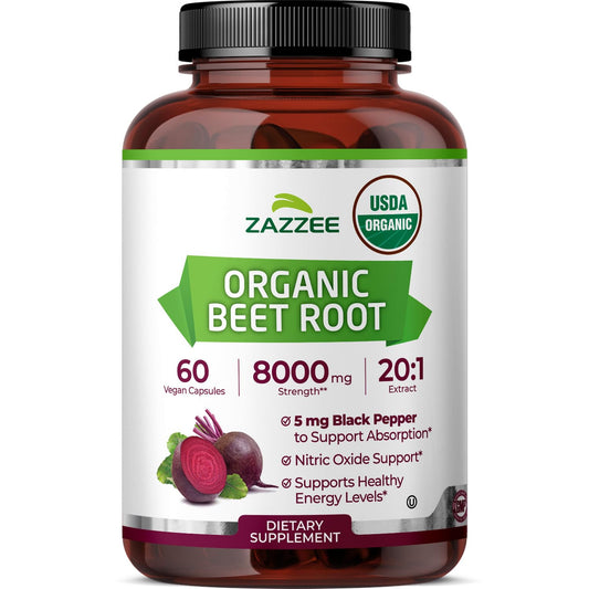 Zazzee envase frontal Beet Root mostrando etiqueta y beneficios