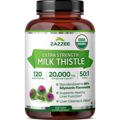Zazzee envase frontal de Milk Thistle 50:1 mostrando certificación USDA Organic y beneficio de confianza