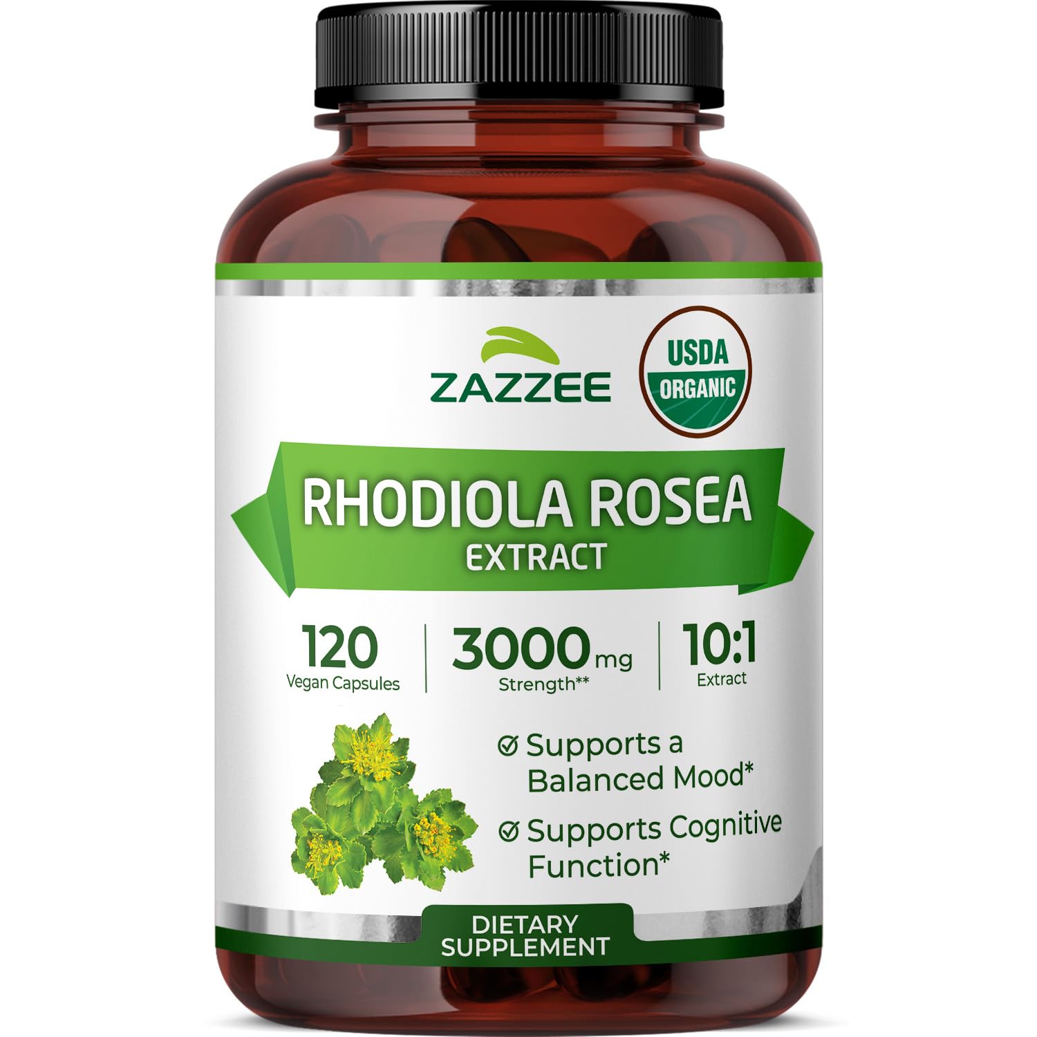 Zazzee frasco frontal Rhodiola orgánica mostrando etiqueta y beneficio de potencia