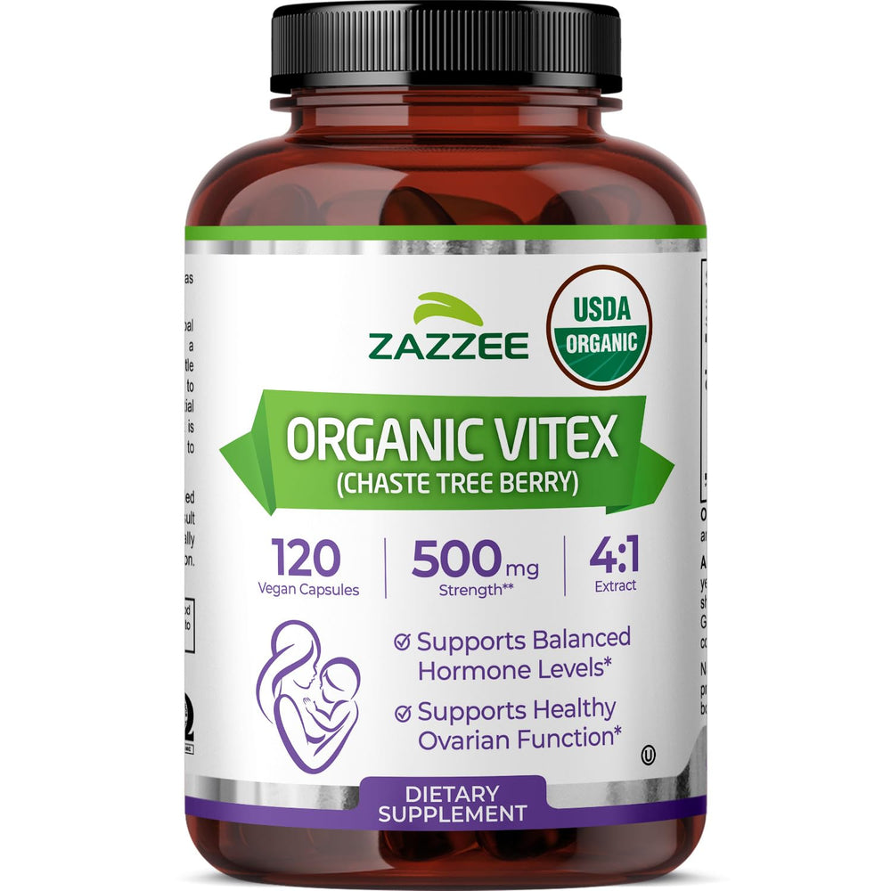 Zazzee frasco frontal Vitex orgánico muestra origen y confianza
