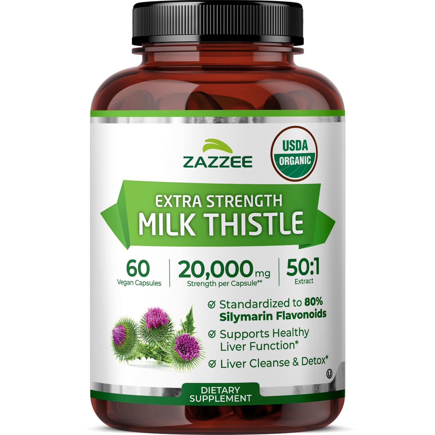 Zazzee botella frontal mostrando etiqueta orgánica y valor por frasco