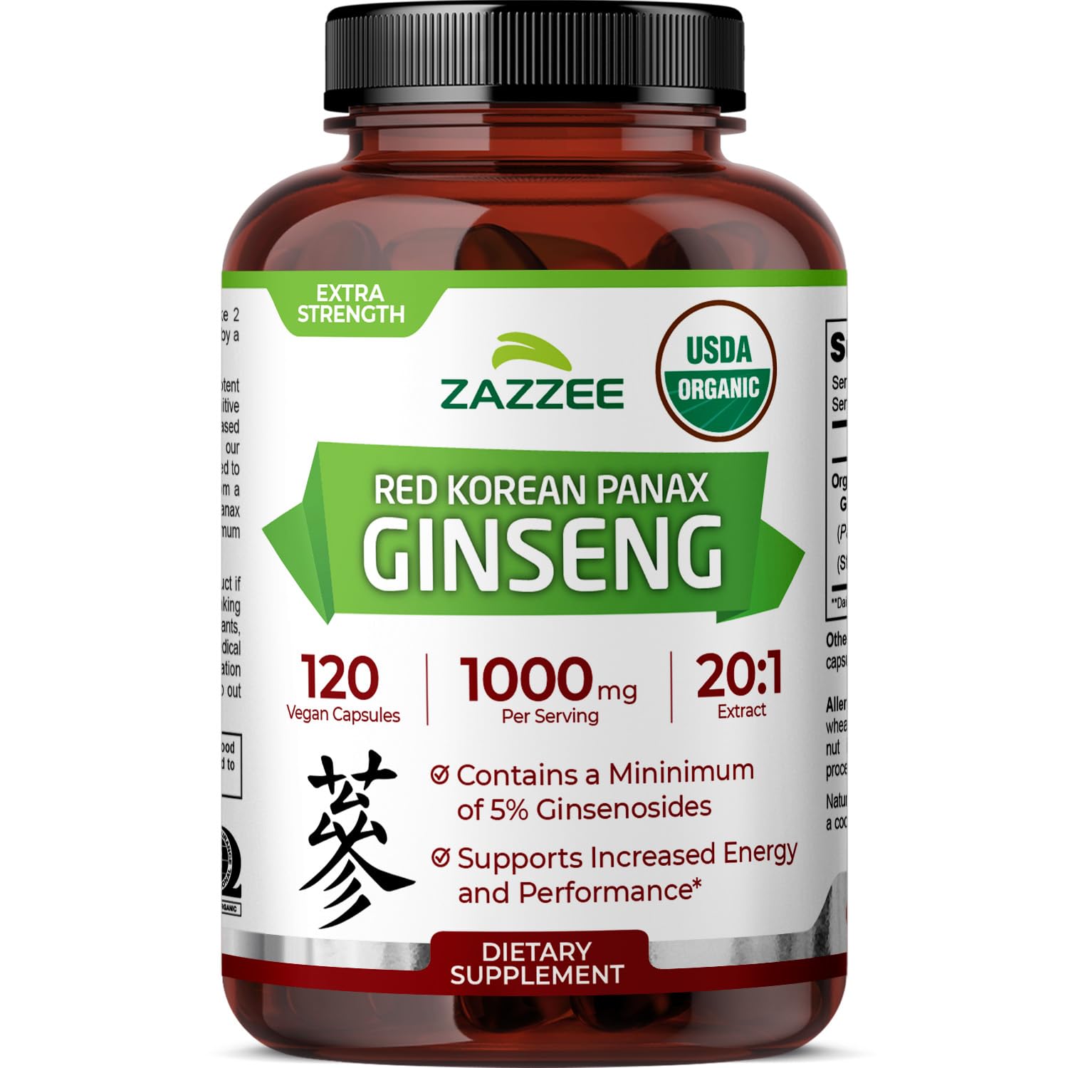 Zazzee frasco frontal mostrando ginseng rojo orgánico y alta concentración