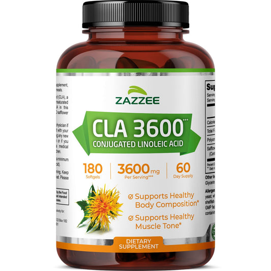 Zazzee frasco frontal del producto CLA 3600 mostrando etiquetado claro y beneficios