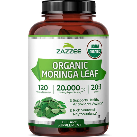 Zazzee vista frontal del envase mostrando el sello orgánico y beneficios