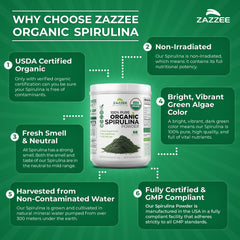 Zazzee spirulina envase abierto con boca ancha para ver acceso limpio
