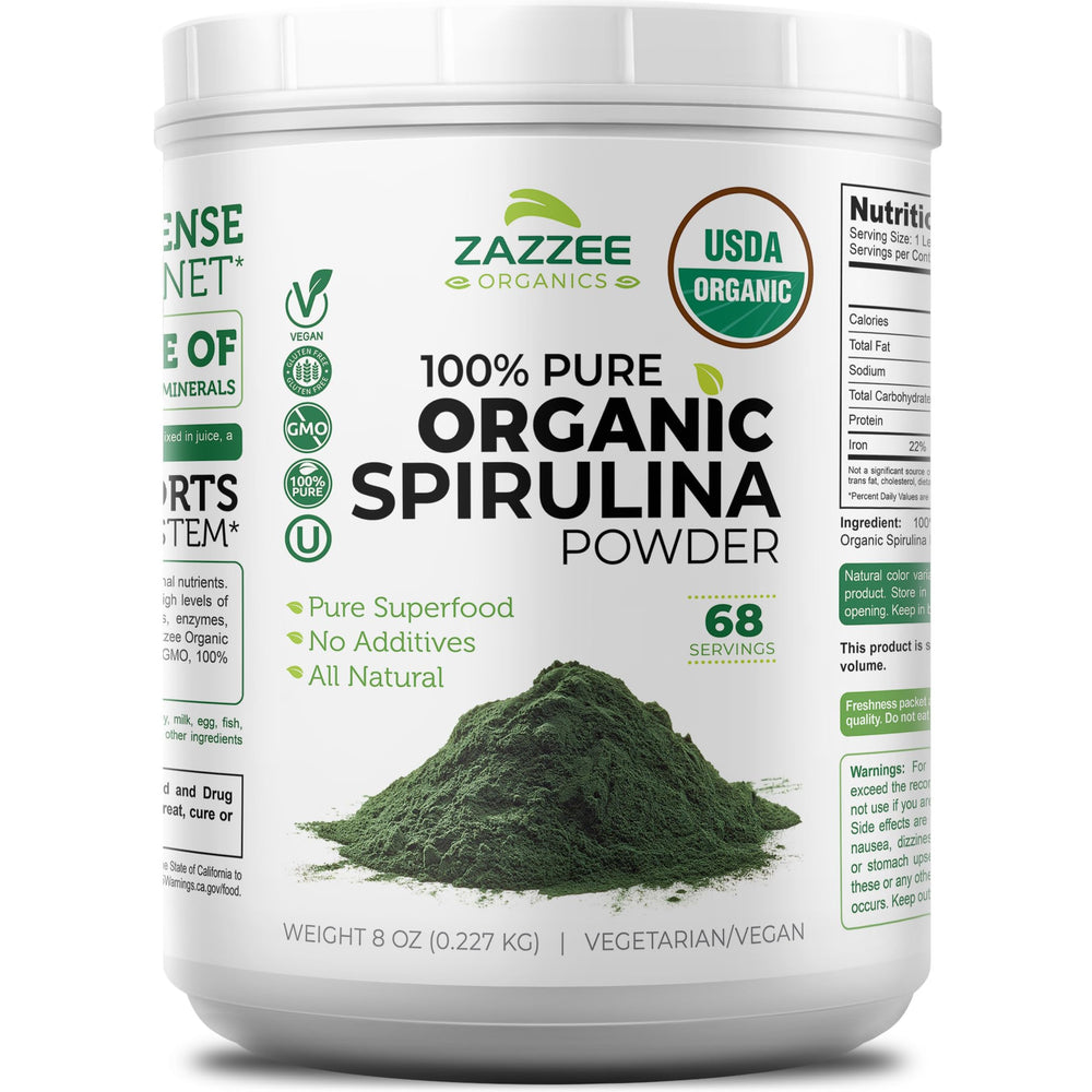 Zazzee spirulina envase frontal con etiqueta clara y beneficios visibles