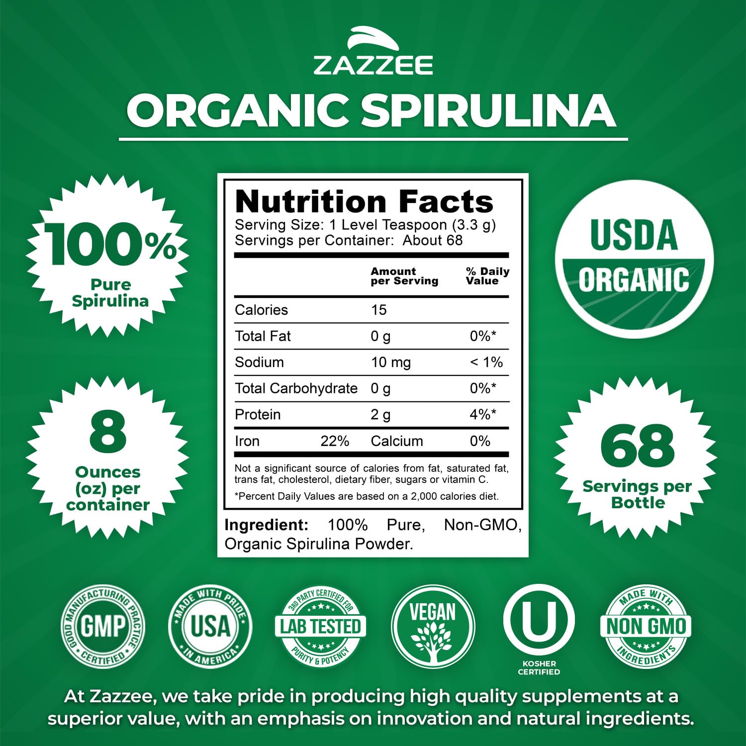 Zazzee spirulina polvo textura fina lista para mezclar y facilitar batidos