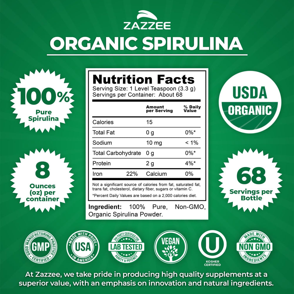 Zazzee spirulina polvo textura fina lista para mezclar y facilitar batidos
