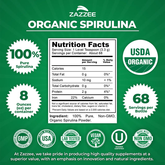 Zazzee spirulina polvo textura fina lista para mezclar y facilitar batidos