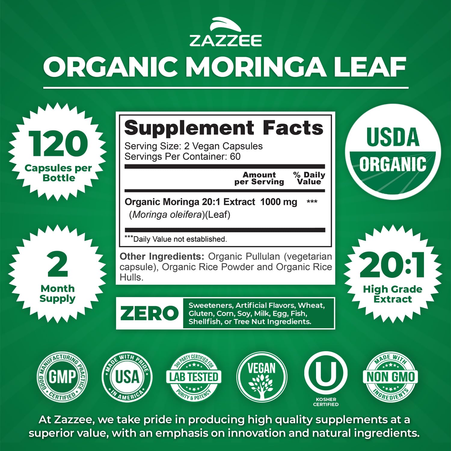 Zazzee primer plano del polvo de moringa mostrando textura concentrada