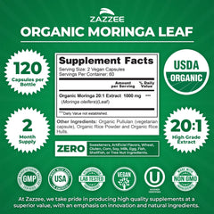 Zazzee primer plano del polvo de moringa mostrando textura concentrada