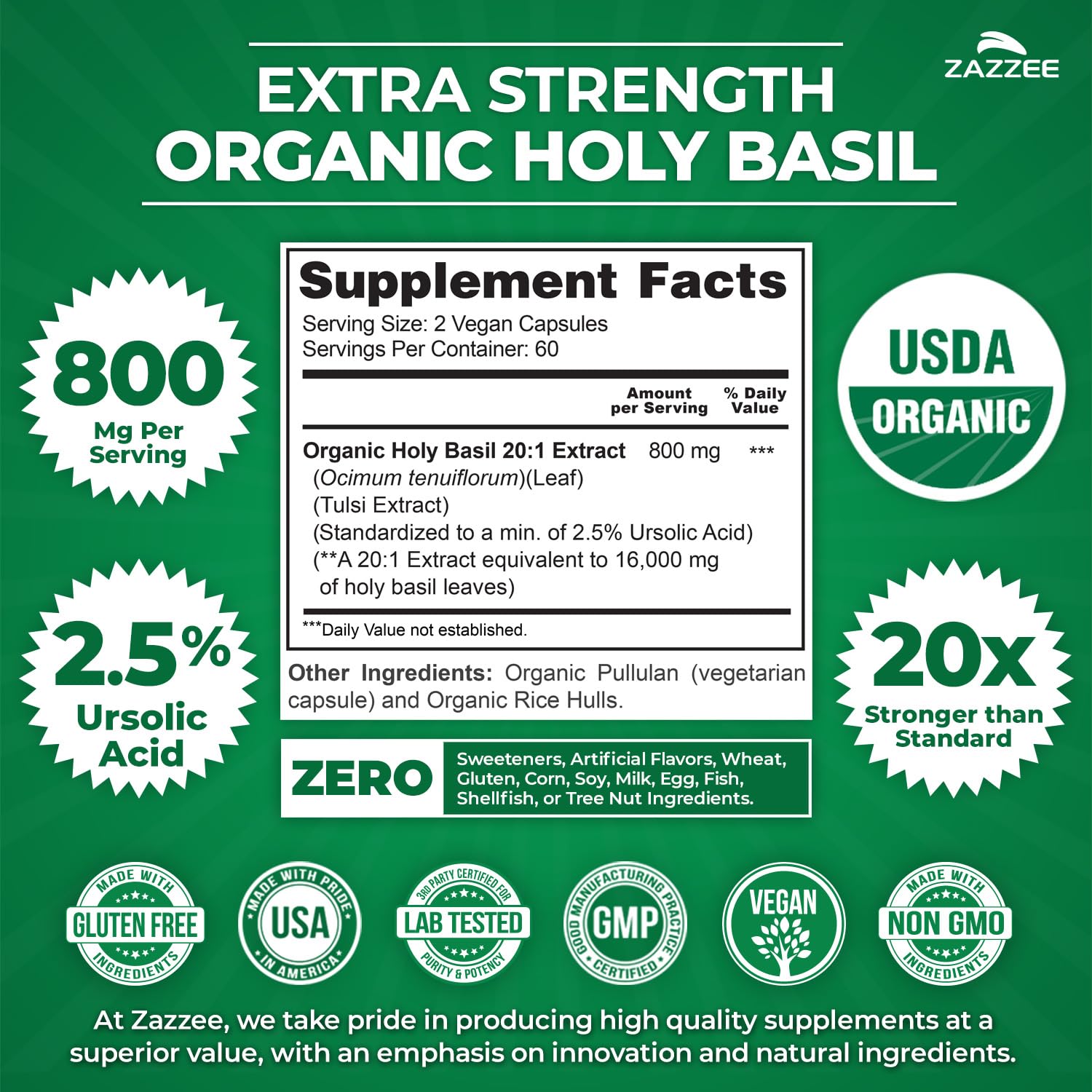 Detalle de etiqueta Zazzee con certificación USDA Organic y estandarización clara