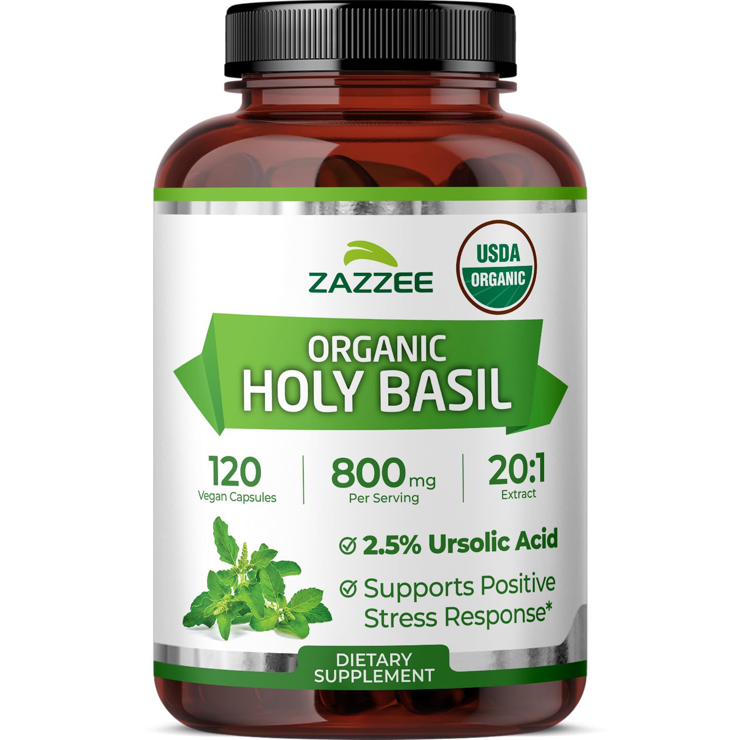 Zazzee botella frontal orgánico mostrando sello USDA y marca, confianza y calidad