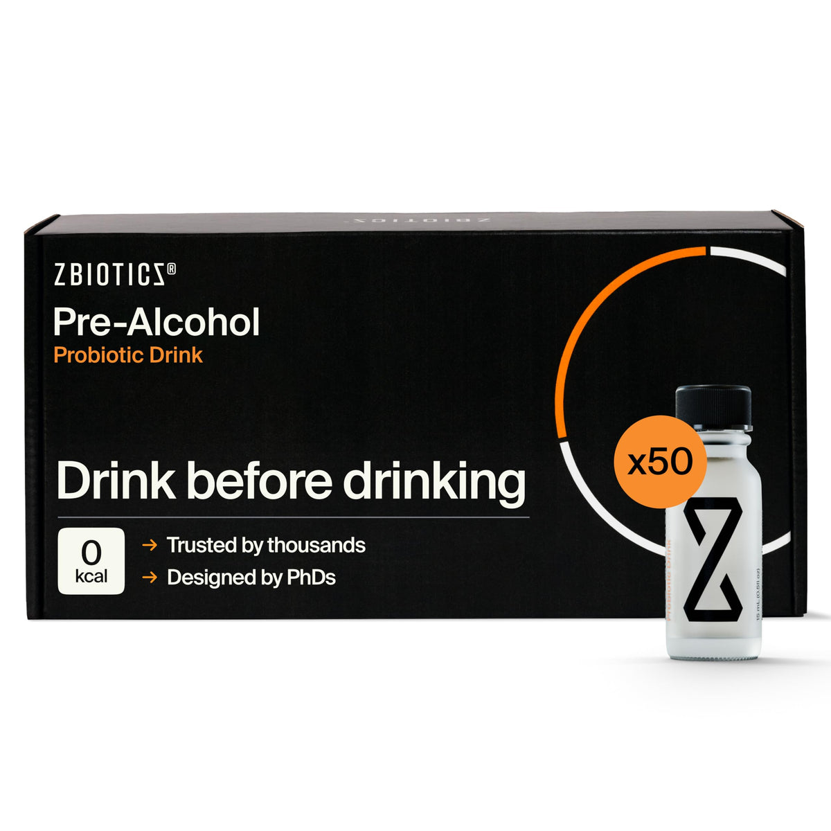 ZBiotics frontal del paquete mostrando 50 botellas y conveniencia